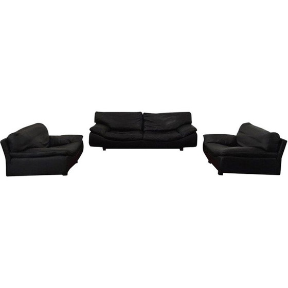 Image 1 of Vintage Sofa en 2 lounge stoelen, woonkamer set Roche Bobois, zwart leer