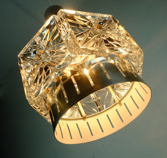 Image 1 of elegante mid-century hanglamp van kristalglas en metaal met 6 glazen prisma's uit de jaren 60