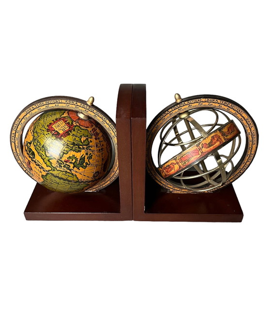 Image 1 of 2 x Vintage Italiaanse Globe Boekensteunen Messing/Hout