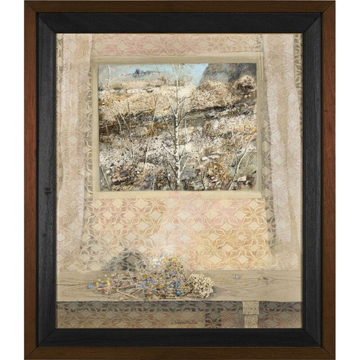 Olieverf op doek vintage "Fiori en finestra" door Giuseppe Banchieri, 1979