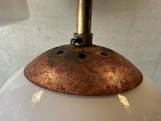 Image 1 of 4X Art Deco Klooster-/Schoollampen - Opaline En Messing