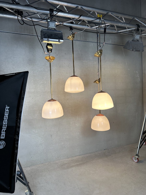 Image 1 of 4X Art Deco Klooster-/Schoollampen - Opaline En Messing