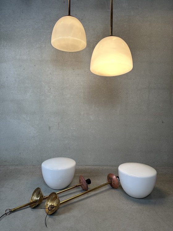 Image 1 of 4X Art Deco Klooster-/Schoollampen - Opaline En Messing