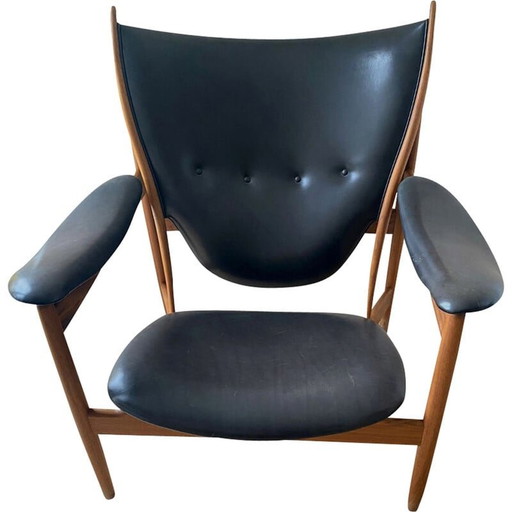 Vintage essenhouten en lederen fauteuil van Finn Juhl Chieftain