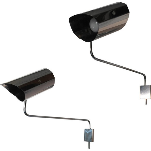 Paar vintage verchroomde metalen wandlampen, jaren 1970