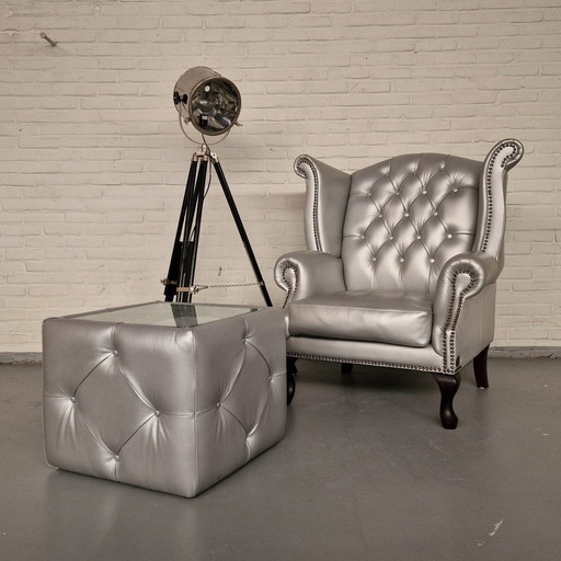 King Classic Chesterfield Fauteuil – Zilver, Leer