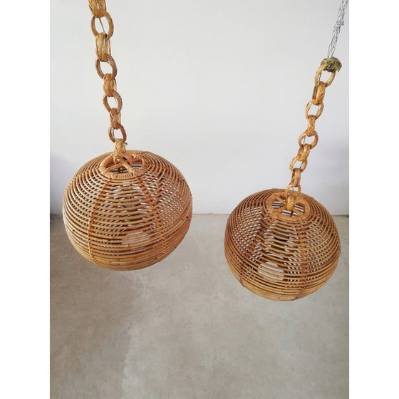 Image 1 of Paar vintage kroonluchters van rotan en riet, 1970