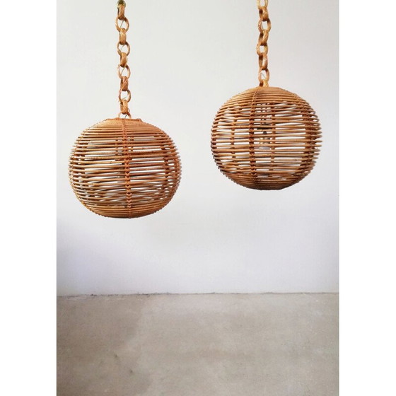 Image 1 of Paar vintage kroonluchters van rotan en riet, 1970