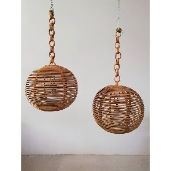 Image 1 of Paar vintage kroonluchters van rotan en riet, 1970