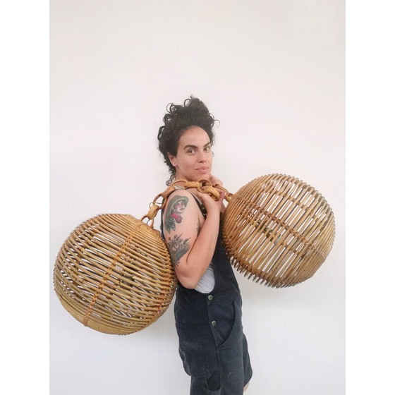 Image 1 of Paar vintage kroonluchters van rotan en riet, 1970