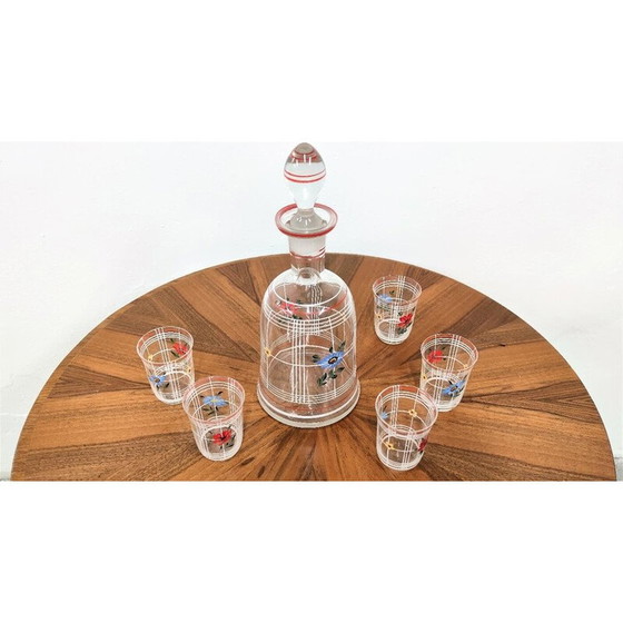 Image 1 of Vintage beschilderde karaf met 5 glazen, Tsjecho-Slowakije 1930