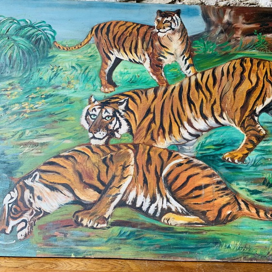Image 1 of Vintage 3-tijger schilderij