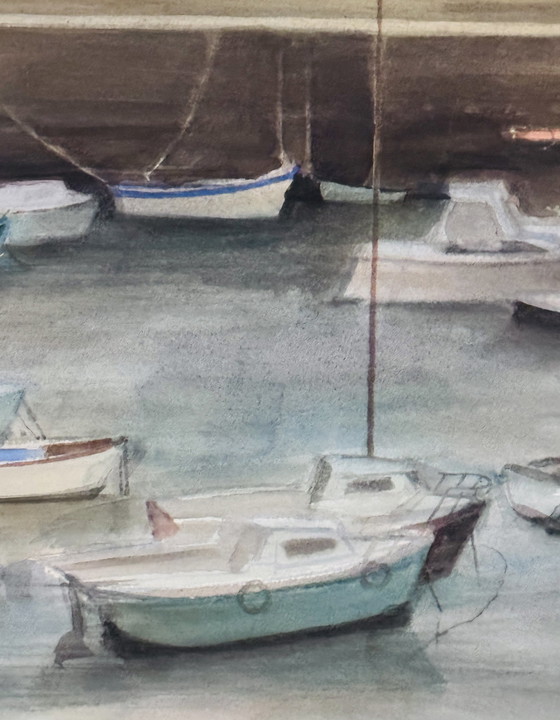 Image 1 of Claude Manesse 1939-2018 Grote aquarel van een jachthaven