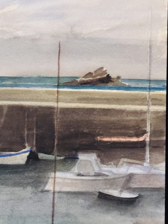 Image 1 of Claude Manesse 1939-2018 Grote aquarel van een jachthaven