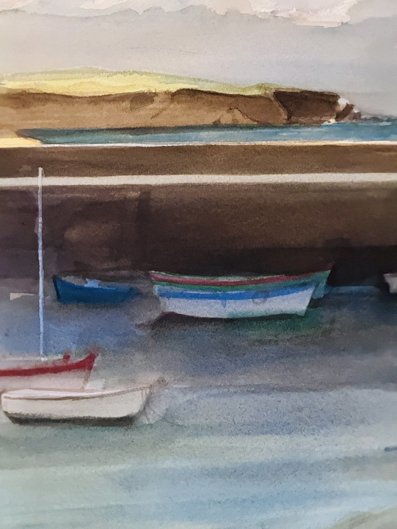 Image 1 of Claude Manesse 1939-2018 Grote aquarel van een jachthaven