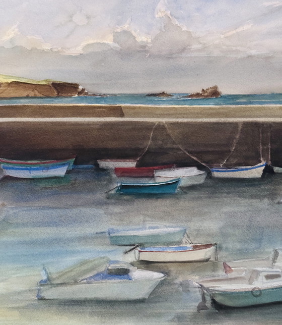 Image 1 of Claude Manesse 1939-2018 Grote aquarel van een jachthaven