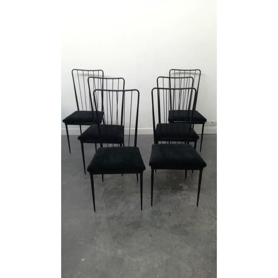 Image 1 of Set van 6 vintage metalen en fluwelen stoelen van Colette Gueden, jaren 1950