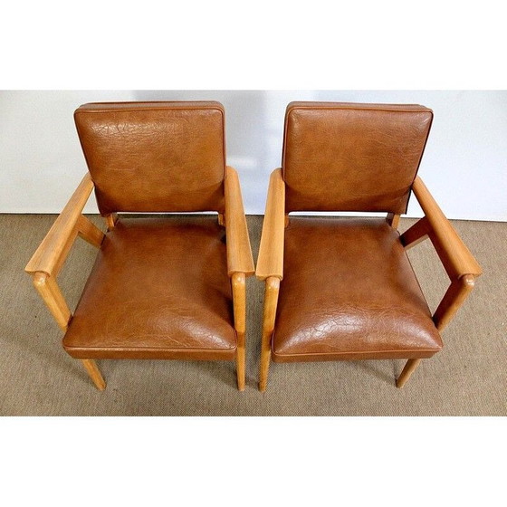 Image 1 of Paar vintage brugfauteuils in naturel beukenhout en skai, 1950