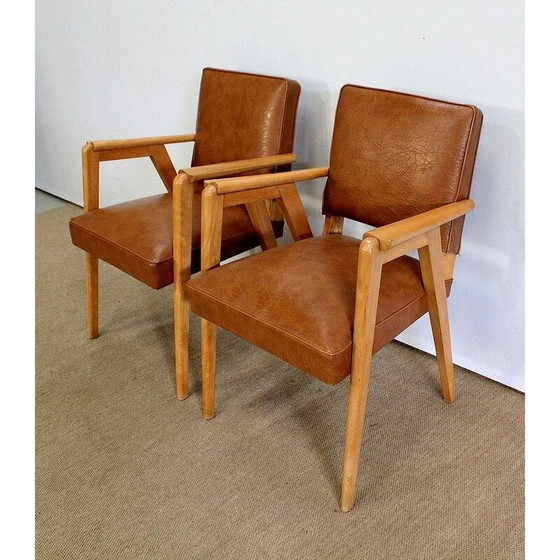 Image 1 of Paar vintage brugfauteuils in naturel beukenhout en skai, 1950