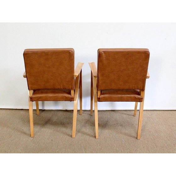 Image 1 of Paar vintage brugfauteuils in naturel beukenhout en skai, 1950
