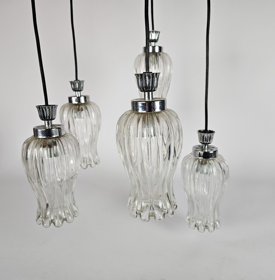 Image 1 of Vintage - Cascade - messing hanglamp met 5 glazen kelken - 60's