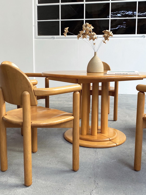 Image 1 of 5x Rainer Daumiller massief elzenhouten eetkamerstoelen & eettafel Team 7 uitschuifbaar rond 120cm