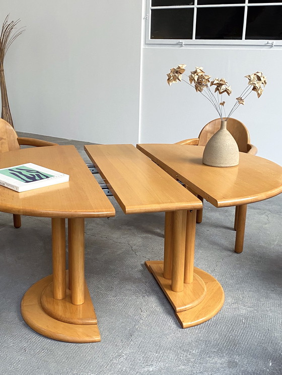 Image 1 of 5x Rainer Daumiller massief elzenhouten eetkamerstoelen & eettafel Team 7 uitschuifbaar rond 120cm