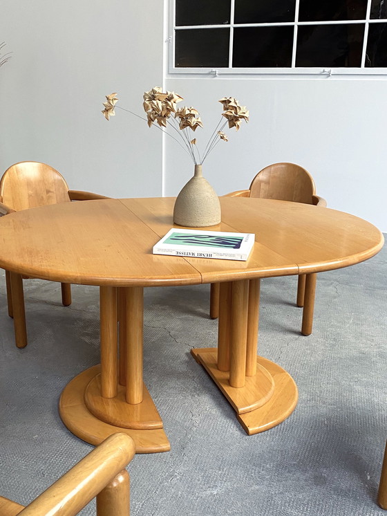 Image 1 of 5x Rainer Daumiller massief elzenhouten eetkamerstoelen & eettafel Team 7 uitschuifbaar rond 120cm