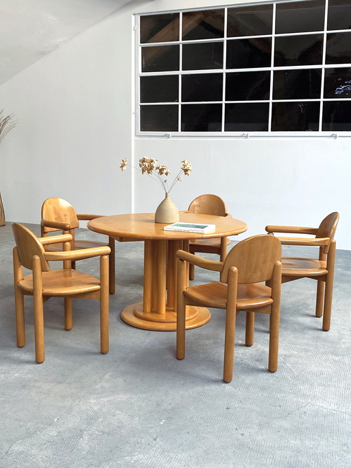 5x Rainer Daumiller massief elzenhouten eetkamerstoelen & eettafel Team 7 uitschuifbaar rond 120cm