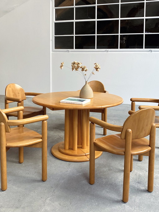 5x Rainer Daumiller massief elzenhouten eetkamerstoelen & eettafel Team 7 uitschuifbaar rond 120cm