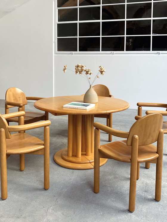 Image 1 of 5x Rainer Daumiller massief elzenhouten eetkamerstoelen & eettafel Team 7 uitschuifbaar rond 120cm