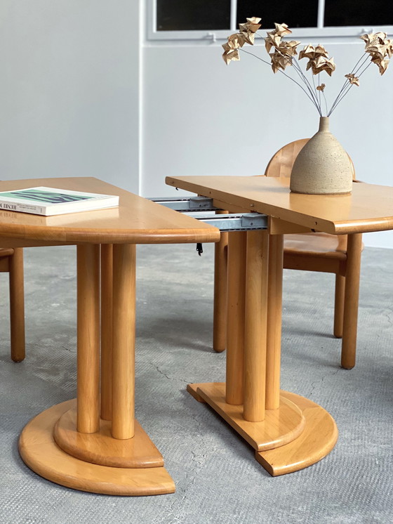 Image 1 of 5x Rainer Daumiller massief elzenhouten eetkamerstoelen & eettafel Team 7 uitschuifbaar rond 120cm