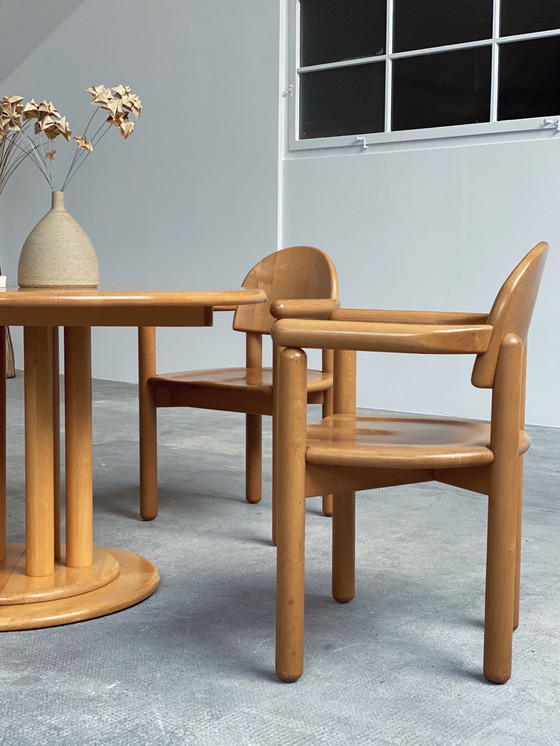 Image 1 of 5x Rainer Daumiller massief elzenhouten eetkamerstoelen & eettafel Team 7 uitschuifbaar rond 120cm