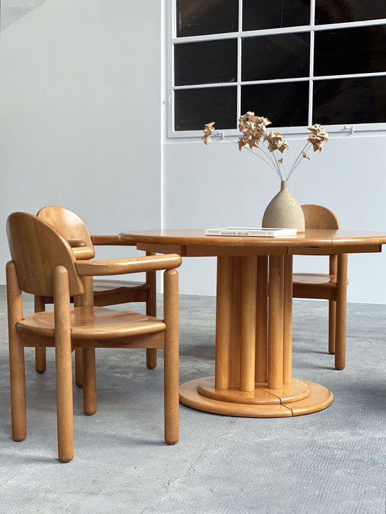 Image 1 of 5x Rainer Daumiller massief elzenhouten eetkamerstoelen & eettafel Team 7 uitschuifbaar rond 120cm