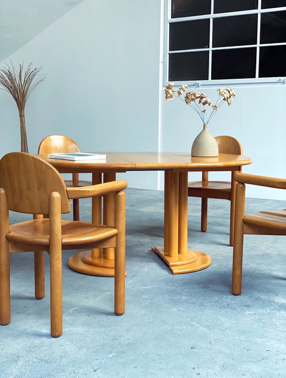 Image 1 of 5x Rainer Daumiller massief elzenhouten eetkamerstoelen & eettafel Team 7 uitschuifbaar rond 120cm