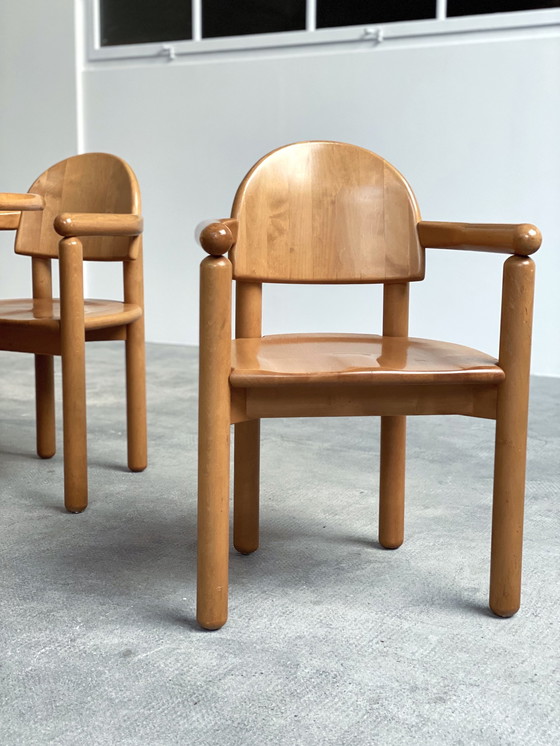 Image 1 of 5x Rainer Daumiller massief elzenhouten eetkamerstoelen & eettafel Team 7 uitschuifbaar rond 120cm