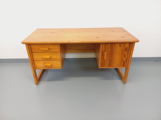Image 1 of Vintage 60's 70's Pine Sleigh Leg Executive Desk