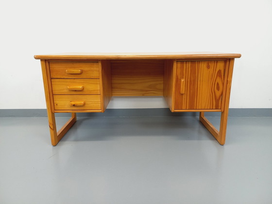 Image 1 of Vintage 60's 70's Pine Sleigh Leg Executive Desk
