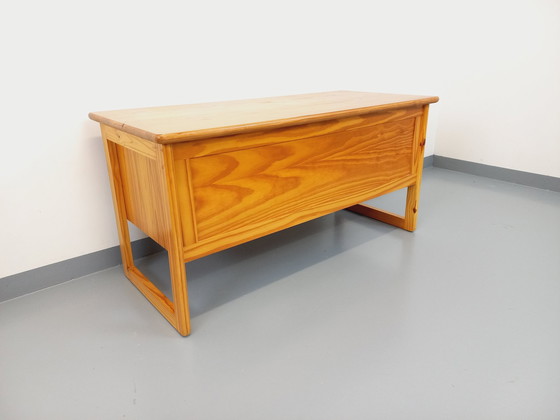 Image 1 of Vintage 60's 70's Pine Sleigh Leg Executive Desk