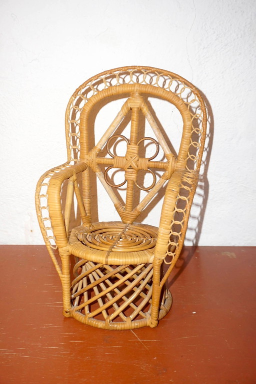 Vintage Miniatuur Rotan Pauwenstoel * Poppenmeubels * Boheemse Plantenstandaard * 70s Rieten Troon * Boho Decor