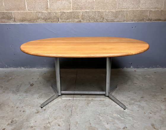 Image 1 of Vintage Eettafel Ovaal Chroom Massief Eiken