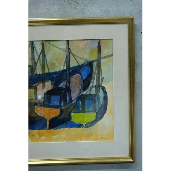 Image 1 of Vintage "Boten" aquarel door Martin Emond, jaren 1950