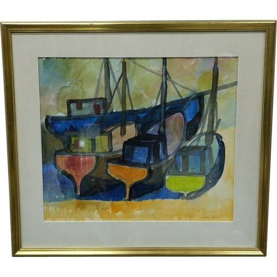 Image 1 of Vintage "Boten" aquarel door Martin Emond, jaren 1950