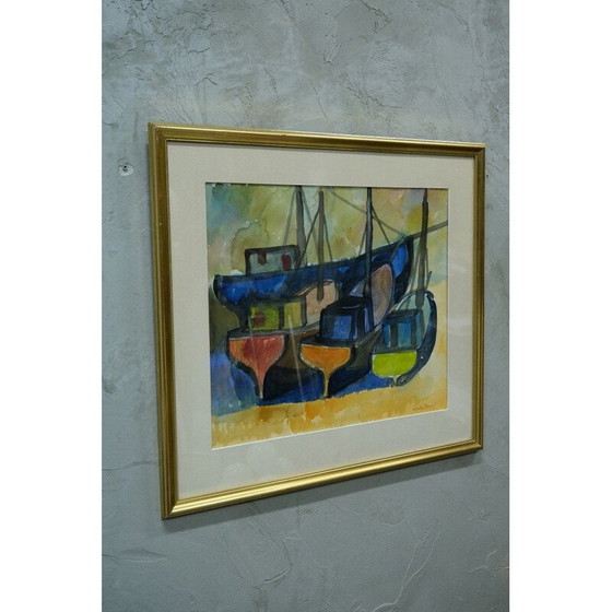 Image 1 of Vintage "Boten" aquarel door Martin Emond, jaren 1950