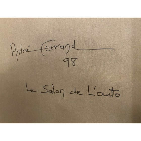 Image 1 of Vintage olieverf op doek Le salon de l'auto door Andre Ferrand, 1998