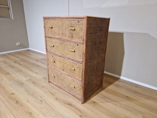 Vintage Rattan Chest Of Drawers - Ladekast - Bruin - Glas