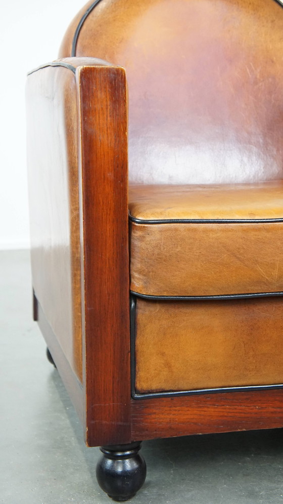 Image 1 of Schapenleren En Houten Art Deco Design Fauteuil