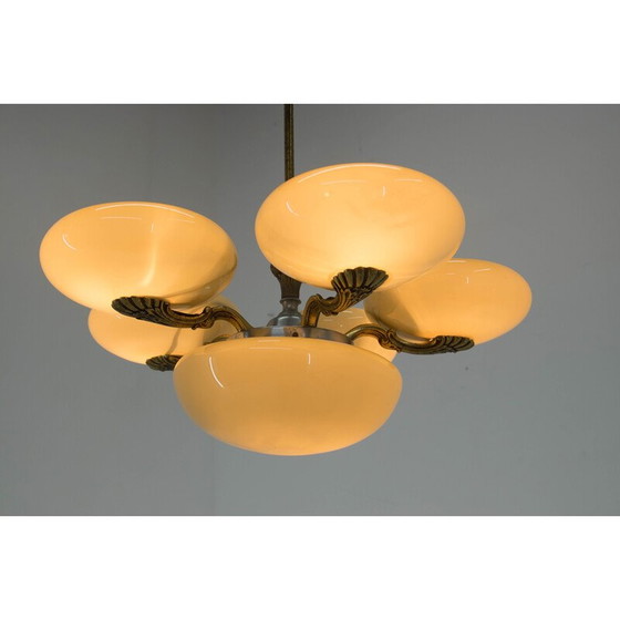 Image 1 of Ar Nouveau vintage kroonluchter van messing en glas, jaren 1930