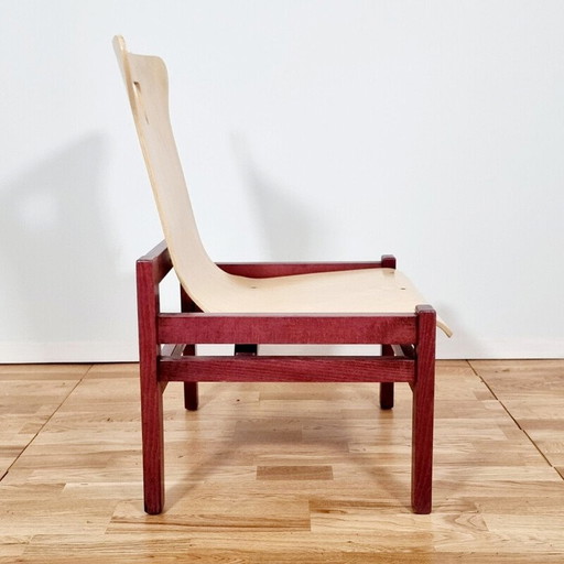 Suite van 4 vintage gebeitst hout en licht eikenhouten fauteuils, 1980