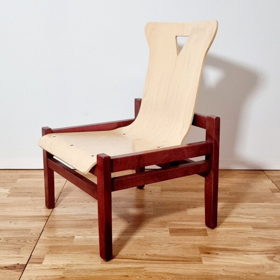 Image 1 of Suite van 4 vintage gebeitst hout en licht eikenhouten fauteuils, 1980